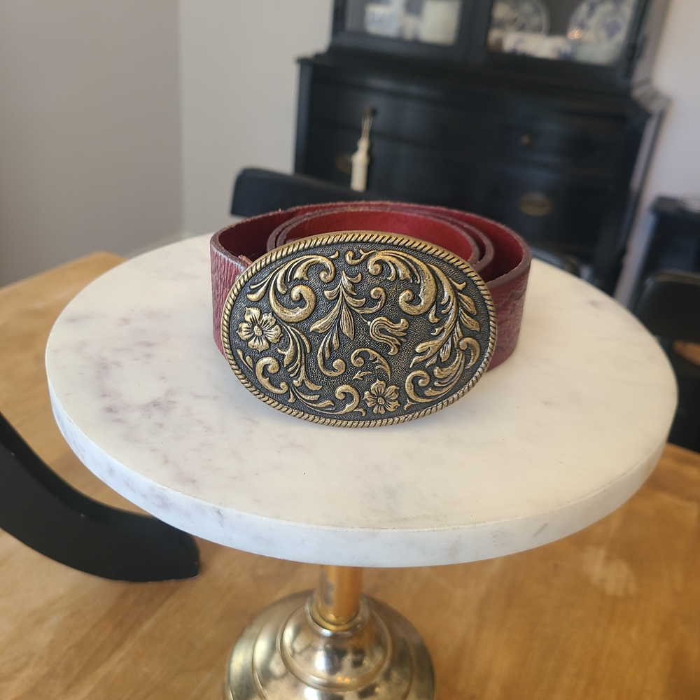Old Navy Red Leather Belt with Ornate Gold Buckle